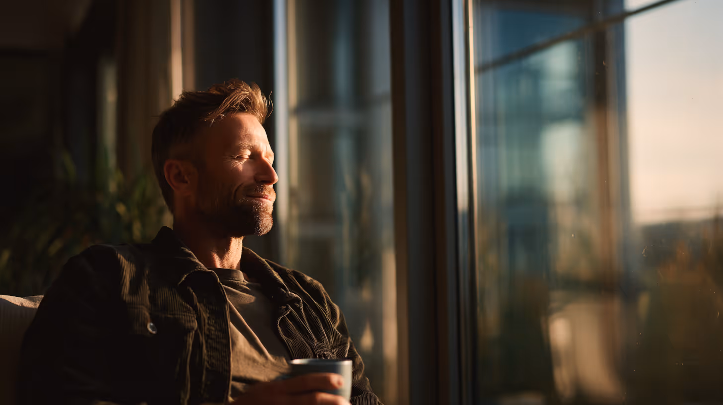 Man with beard and closed eyes enjoying sunlight while holding a cup near a window.