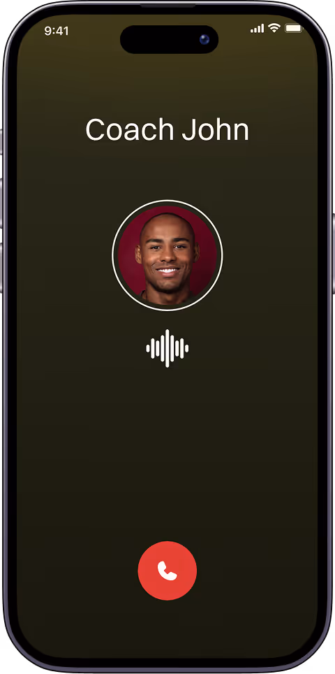 Smartphone screen showing an incoming call from Coach John with his photo and a red decline call button.