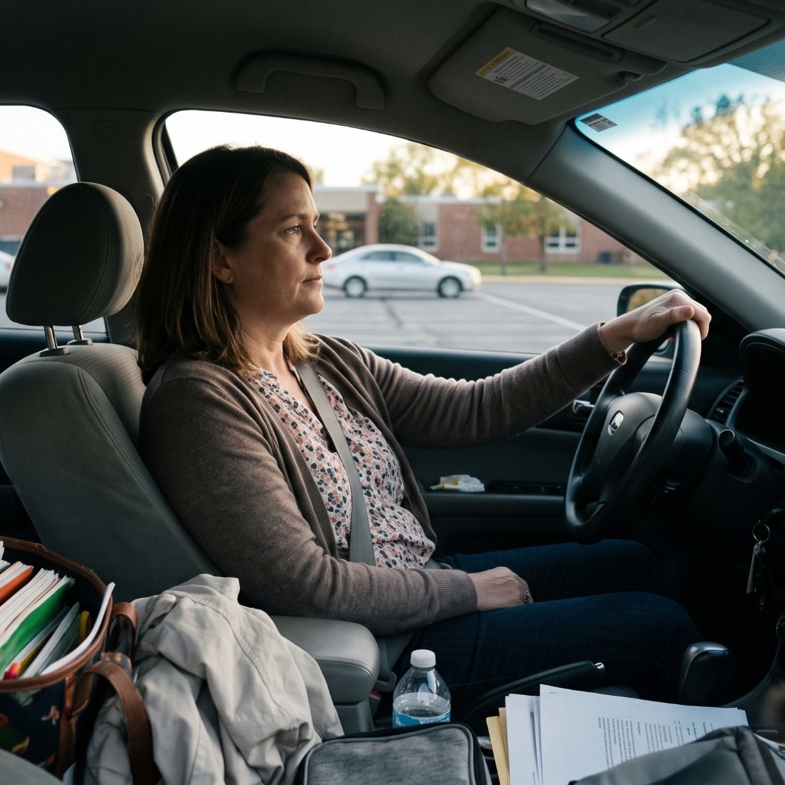 A teacher in a cardigan sits behind the wheel of her car in a school parking lot, a bag of papers and notebooks beside her