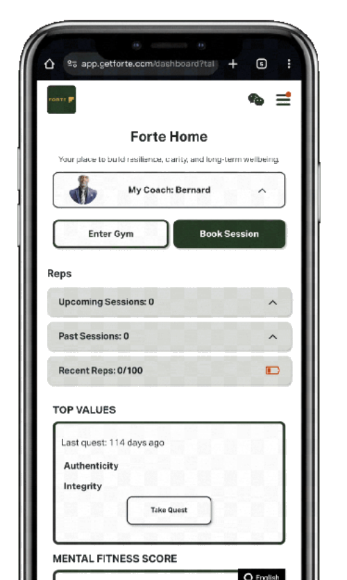 The Forte member app, showing a coach, upcoming sessions, and a Mental Fitness score